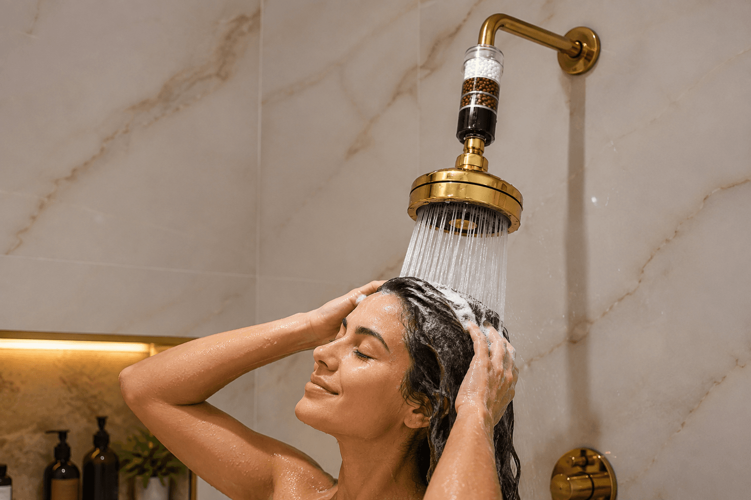 Filtro no chuveiro ajuda a reduzir cloro e resíduos na água para proteger cabelo e pele